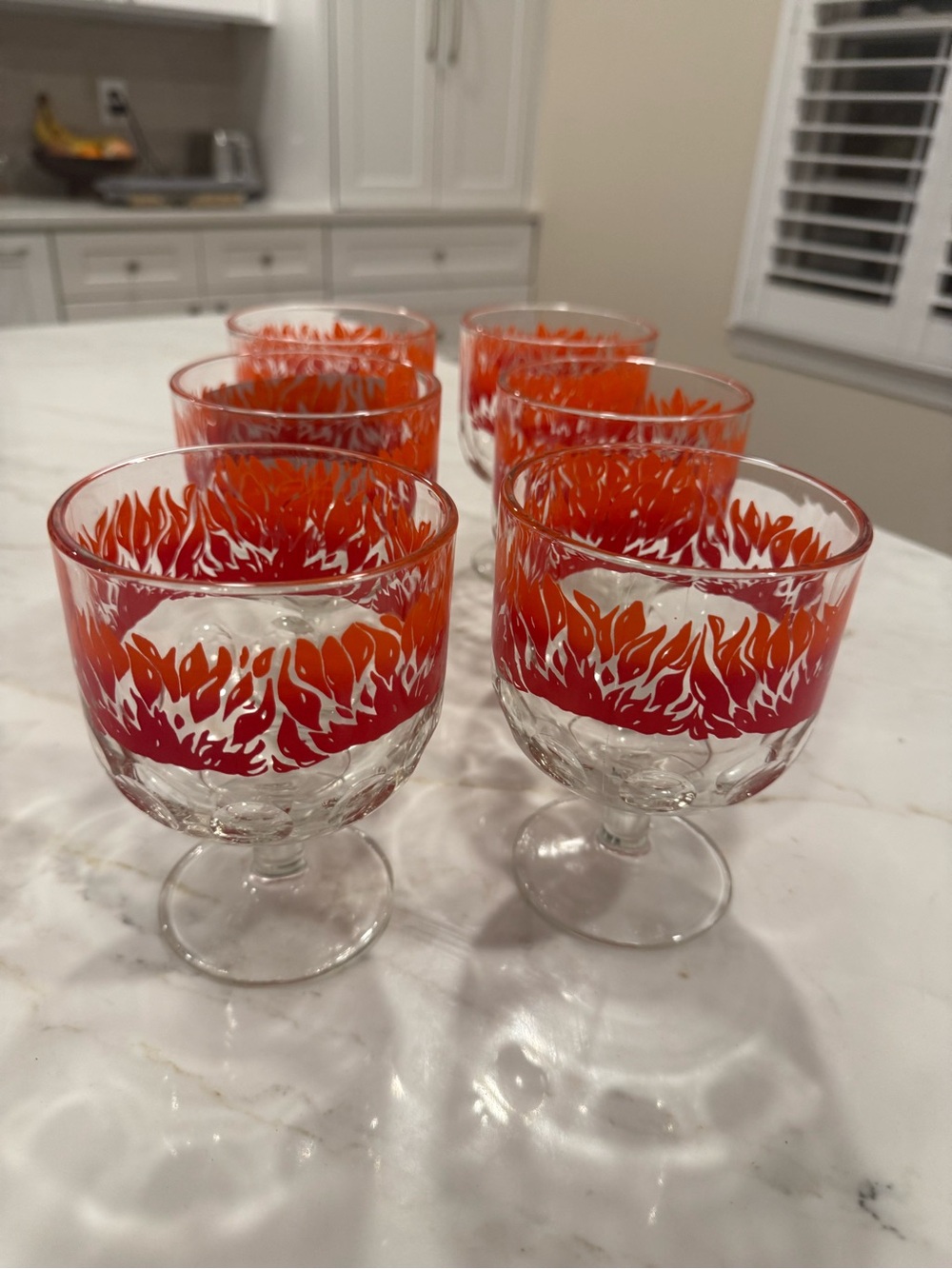 Set of 6 Red-Orange Flame Pattern Stemmed Glasses